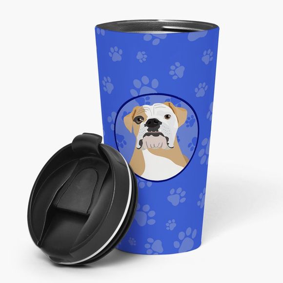 English Bulldog Fawn and White Stainless Steel 16 oz Tumbler, Blue - Picture 1 of 4